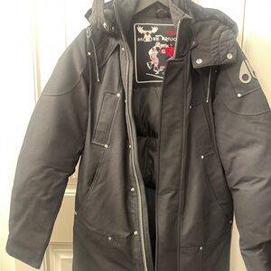 Moose Knuckles Men's Black Hooded Puffer Coat with Patch